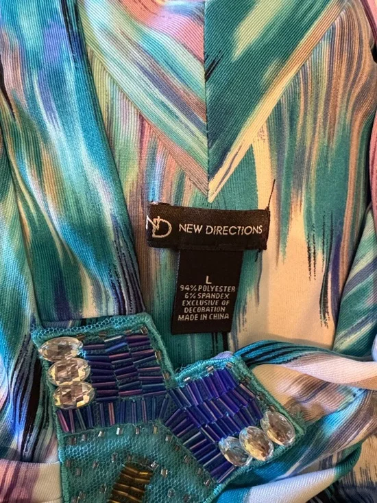 New Directions Teal & Aqua Beaded V-Neck Top - Picture 1 of 6